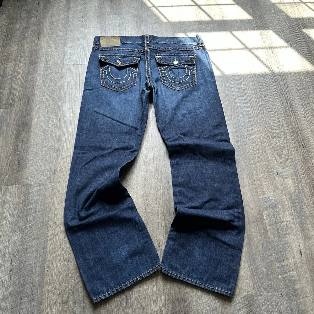 True Religion Jeans Mens 38x32 Blue Ricky Big T Flap Pocket Thick Stitch Y2K Mb3